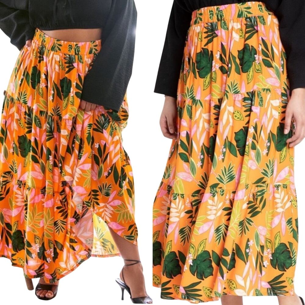 Eloquii Tropical Print Maxi Skirt Tiered Palm Leaf Floral Orange Womens 14/16